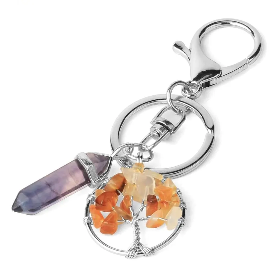 Natural Stone Fluorite Tree of Life Pendants Keychain Lobster Clasp Key Holder Car Backpack Accessories