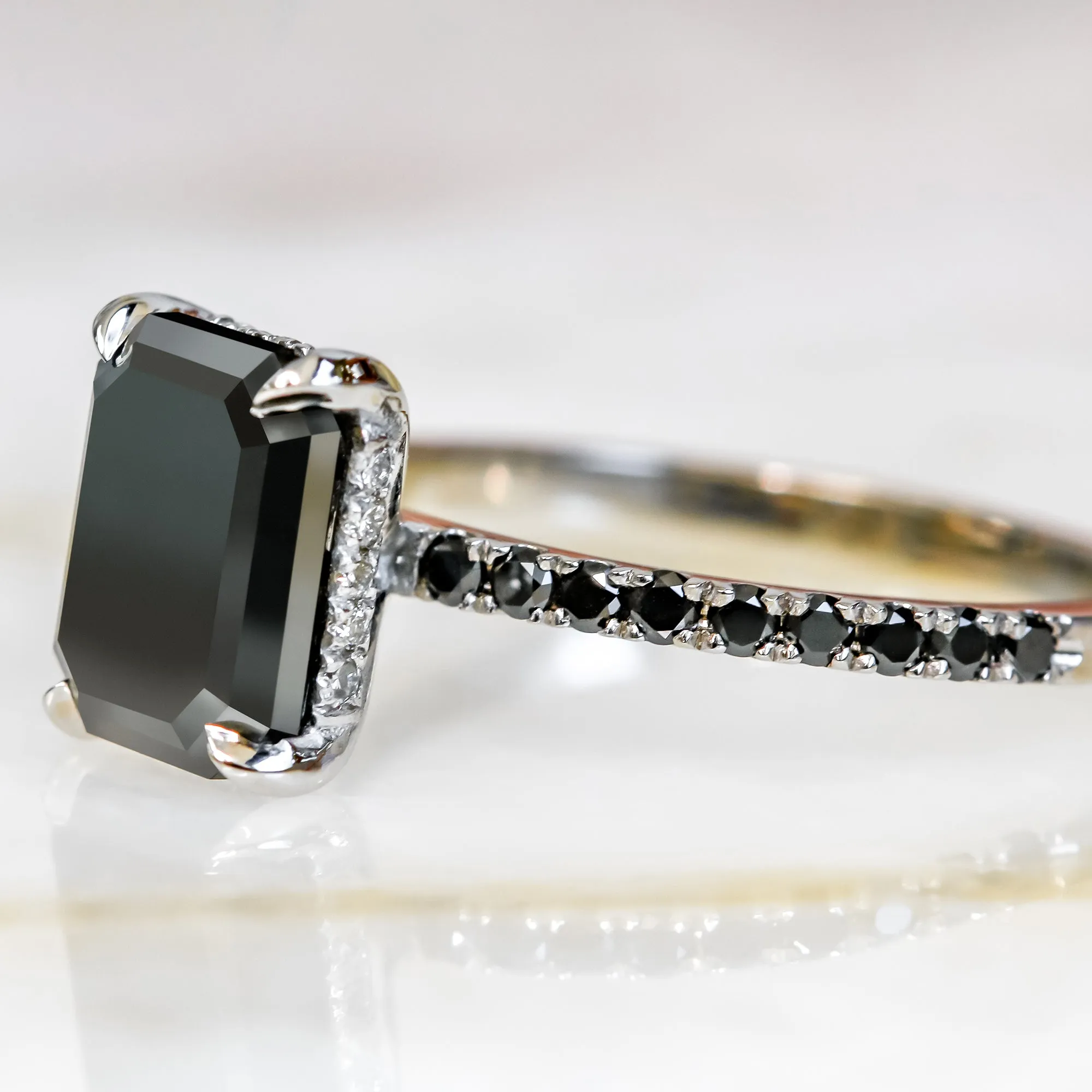Noir Mystique  Unique  Natural Black Diamond Emerald Cut Engagement Ring