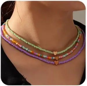 Octwine 3 Pieces Women Bohemian Minimalist Colorful Floral Love Necklaces Seed Bead Necklaces Glass Beaded Choker Jewelry for Women