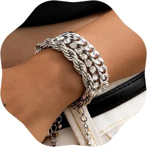 Octwine Fashion Rhinestones Bracelets Sets for Women Gold Silver Layered Chunky Pendant Charms Chain Stackable Wrap Bangle Adjustable Bracelet Jewelry Accessories for Women