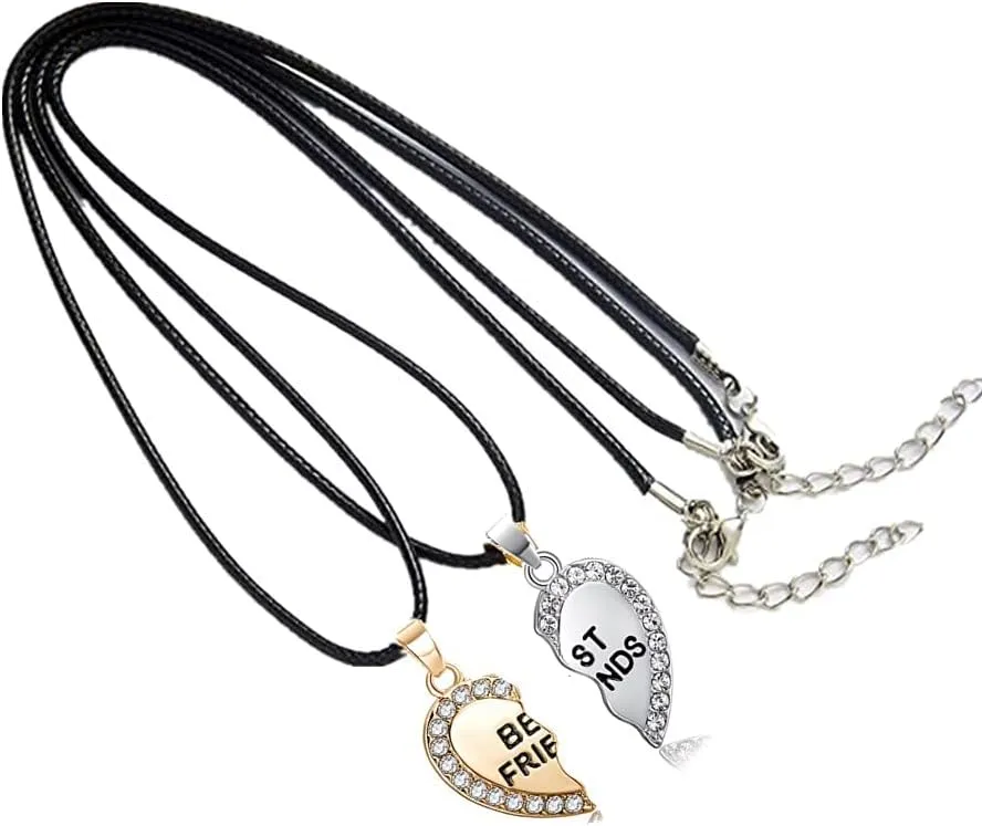 ODETOJOY Best Friends Necklace for 2 BFF Broken Heart Necklace Rhinestone Bestfriends Engraved Letters Pendant