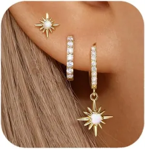 Opal Earrings Set for Women, Hypoallergenic S925 Hoop Stud Earrings for Women with Sensitive Ears,Chunky Gold Opal Jewelry Women