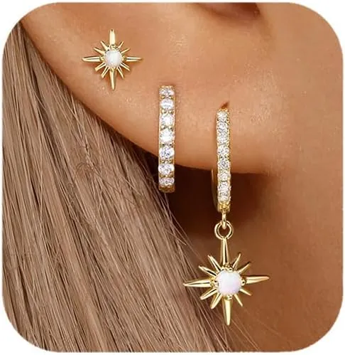 Opal Earrings Set for Women, Hypoallergenic S925 Hoop Stud Earrings for Women with Sensitive Ears,Chunky Gold Opal Jewelry Women