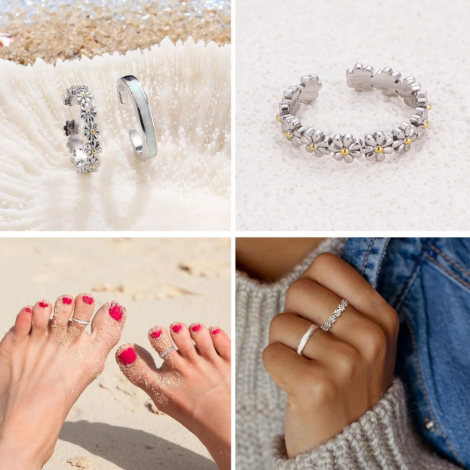 ORAZIO Toe Rings for Women,925 Sterling Silver Toe Rings Adjustable Toe Rings - CZ Flower Cross Twist Knot Opal Toe Ring Cuff - Open Womens Toe Rings Stylish Beach Band Ring Nail Rings Foot Jewelry for Summer
