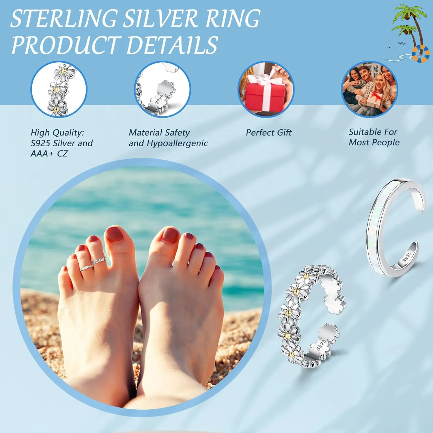 ORAZIO Toe Rings for Women,925 Sterling Silver Toe Rings Adjustable Toe Rings - CZ Flower Cross Twist Knot Opal Toe Ring Cuff - Open Womens Toe Rings Stylish Beach Band Ring Nail Rings Foot Jewelry for Summer