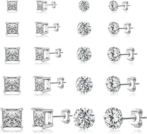 PABBEU 10Pairs Sterling Silver Stud Earrings for Women Hypoallergenic 925 Sterling Silver Earrings Studs AAAAA Cubic Zirconia Small Silver Stud Earrings Set Cartilage Silver Studs Earrings for Women