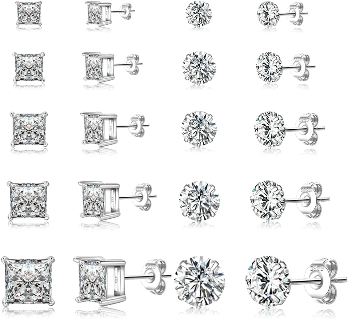 PABBEU 10Pairs Sterling Silver Stud Earrings for Women Hypoallergenic 925 Sterling Silver Earrings Studs AAAAA Cubic Zirconia Small Silver Stud Earrings Set Cartilage Silver Studs Earrings for Women