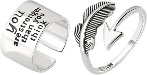 Pack 2 Feather Arrow You are stronger than your think Plain Band Rings Set Minimalist Fashion Knuckle Stackable Silver Ring for Women