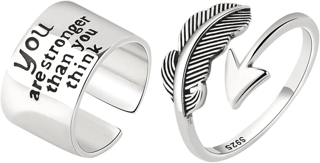 Pack 2 Feather Arrow You are stronger than your think Plain Band Rings Set Minimalist Fashion Knuckle Stackable Silver Ring for Women
