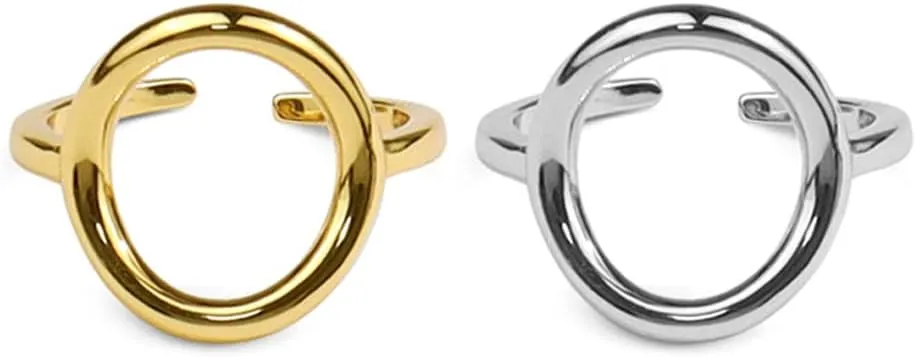 Pack 2 Minimalist Silver & Gold Karma Circle Plain Band Rings Set Fashion Knuckle Stackable Silver Ring for Women Finger Ring Adjustable Open Size Daughter Gifts