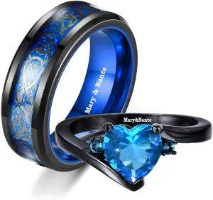 Promise Rings for Couples Set With 2 Rings Custom Engraved Matching Engagement Rings for Couples Blue Wedding Rings Set for Him and Her Black Tungsten Rings for Men Women Wedding Band Sapphire