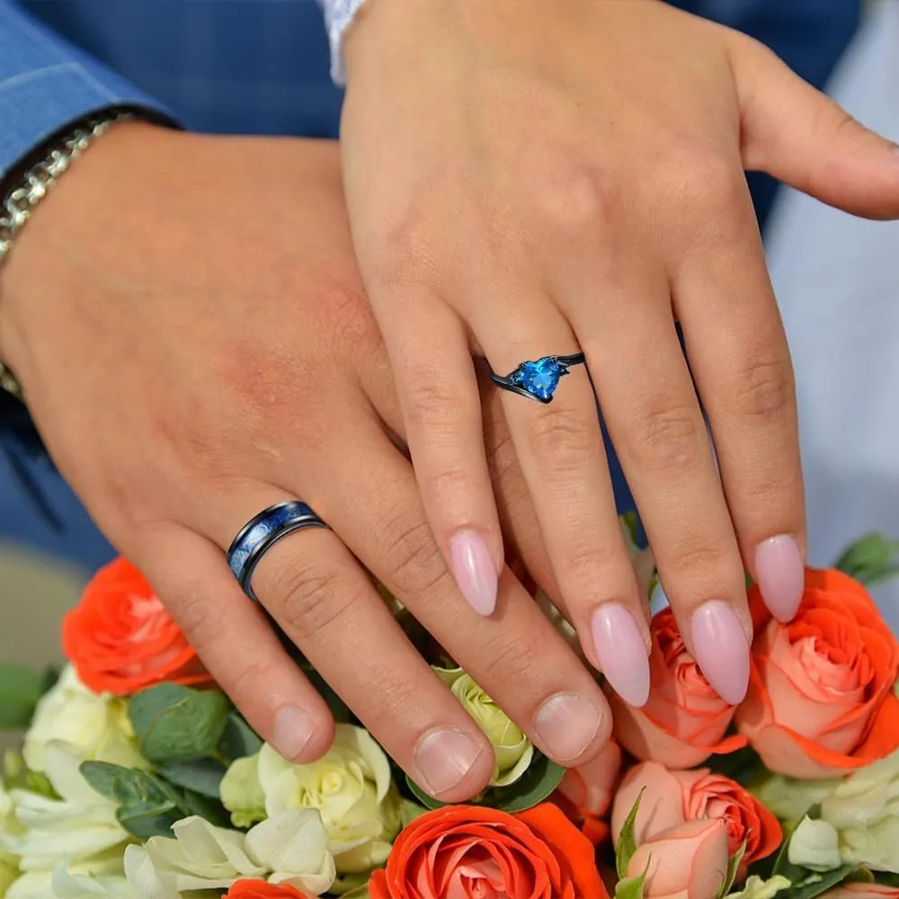 Promise Rings for Couples Set With 2 Rings Custom Engraved Matching Engagement Rings for Couples Blue Wedding Rings Set for Him and Her Black Tungsten Rings for Men Women Wedding Band Sapphire