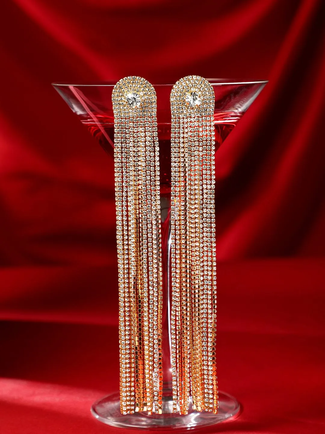 Rubans 18K Gold-Plated AD & Zirconia Studded Multi-Layer Glamorous Shoulder Duster Earring