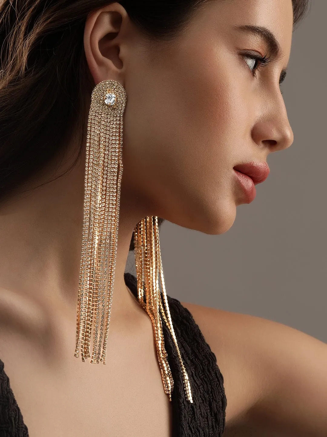 Rubans 18K Gold-Plated AD & Zirconia Studded Multi-Layer Glamorous Shoulder Duster Earring