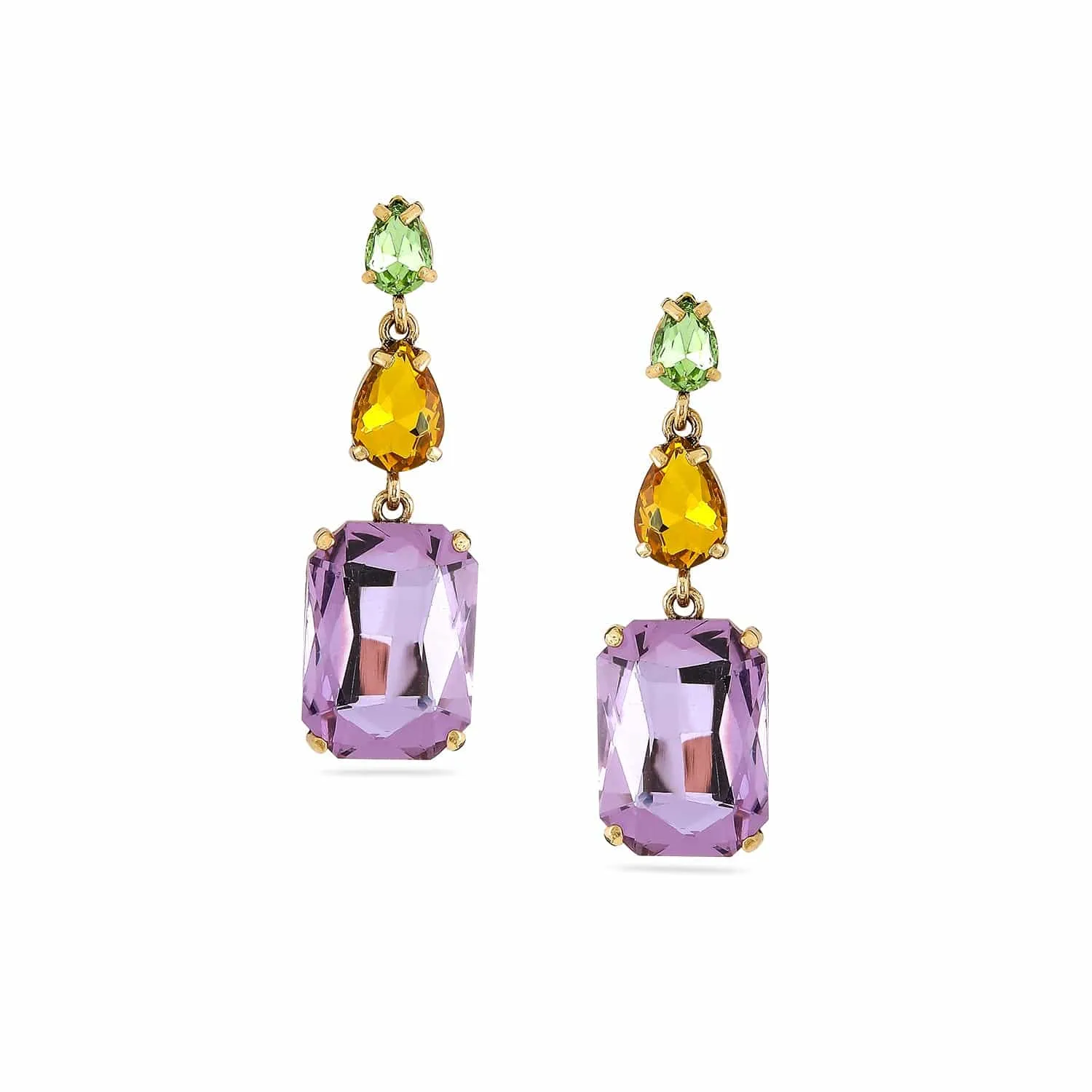 Rubans 18K Gold Plated Multicolor Gemstone Drop Earrings with Green, Yellow & Purple Stone
