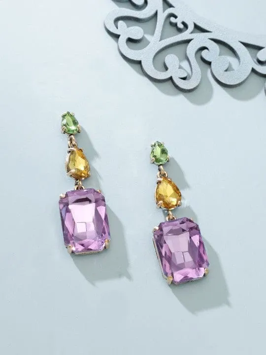 Rubans 18K Gold Plated Multicolor Gemstone Drop Earrings with Green, Yellow & Purple Stone