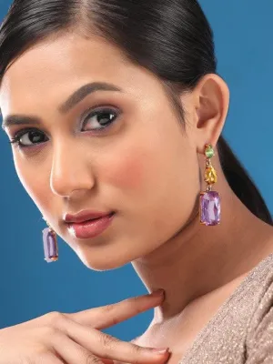 Rubans 18K Gold Plated Multicolor Gemstone Drop Earrings with Green, Yellow & Purple Stone