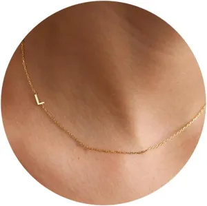 Sideways Initial Necklaces for Women, 14k Gold Plated Initial Necklace Dainty Gold Letter Necklace Simple Gold Choker Necklaces Cute Name Necklaces for Women Trendy Gold Jewelry Gifts