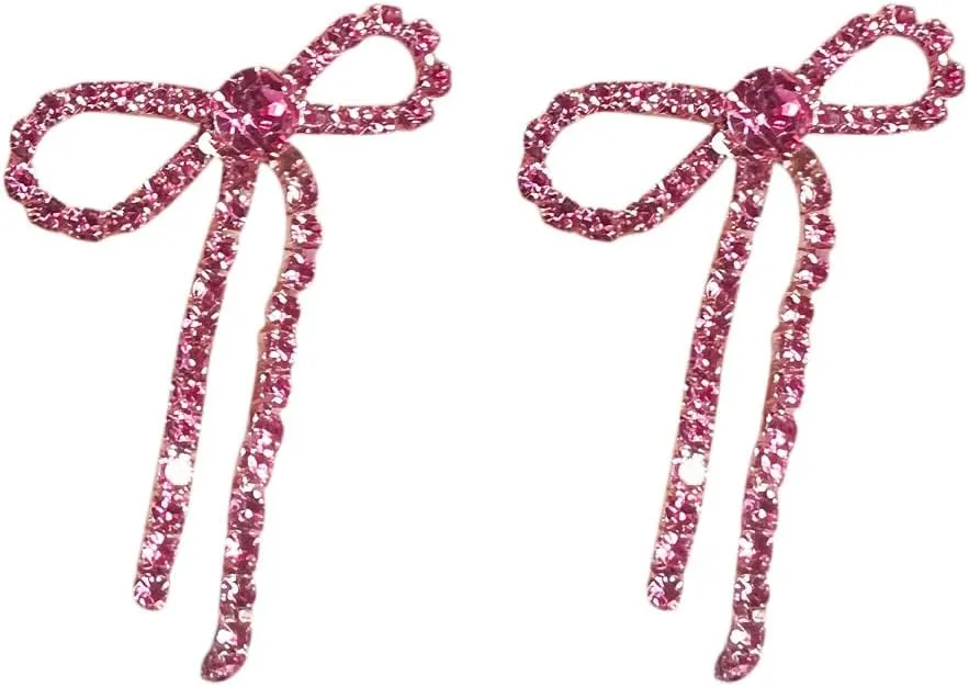 Silver Rhinestone Sparkly Dangle Earrings - Hot Pink, Purple, Blue, Black, Red - Dainty Bow Earrings for Women - Christmas
