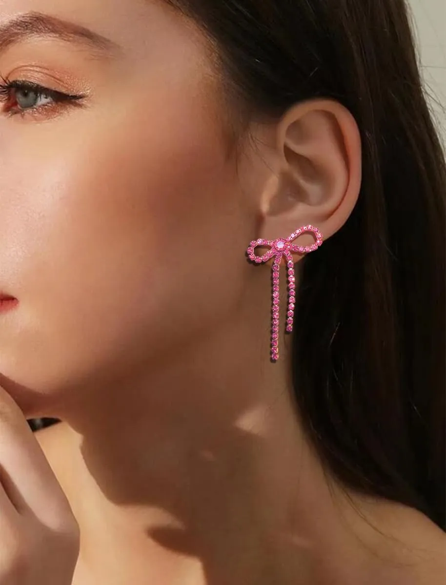 Silver Rhinestone Sparkly Dangle Earrings - Hot Pink, Purple, Blue, Black, Red - Dainty Bow Earrings for Women - Christmas