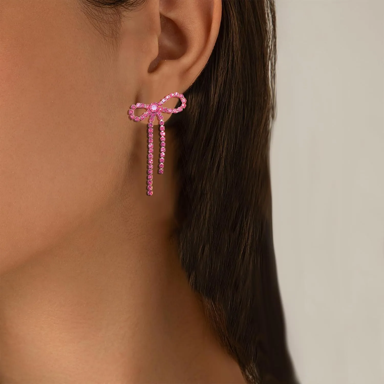 Silver Rhinestone Sparkly Dangle Earrings - Hot Pink, Purple, Blue, Black, Red - Dainty Bow Earrings for Women - Christmas