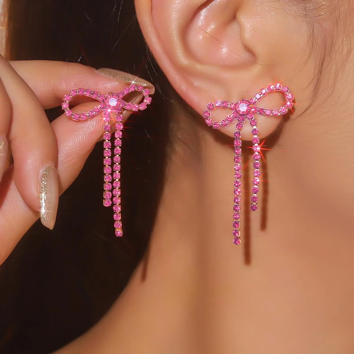 Silver Rhinestone Sparkly Dangle Earrings - Hot Pink, Purple, Blue, Black, Red - Dainty Bow Earrings for Women - Christmas