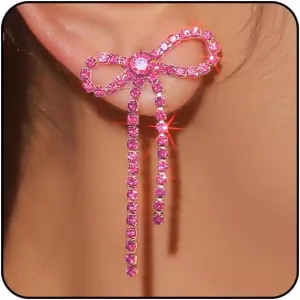 Silver Rhinestone Sparkly Dangle Earrings - Hot Pink, Purple, Blue, Black, Red - Dainty Bow Earrings for Women - Christmas