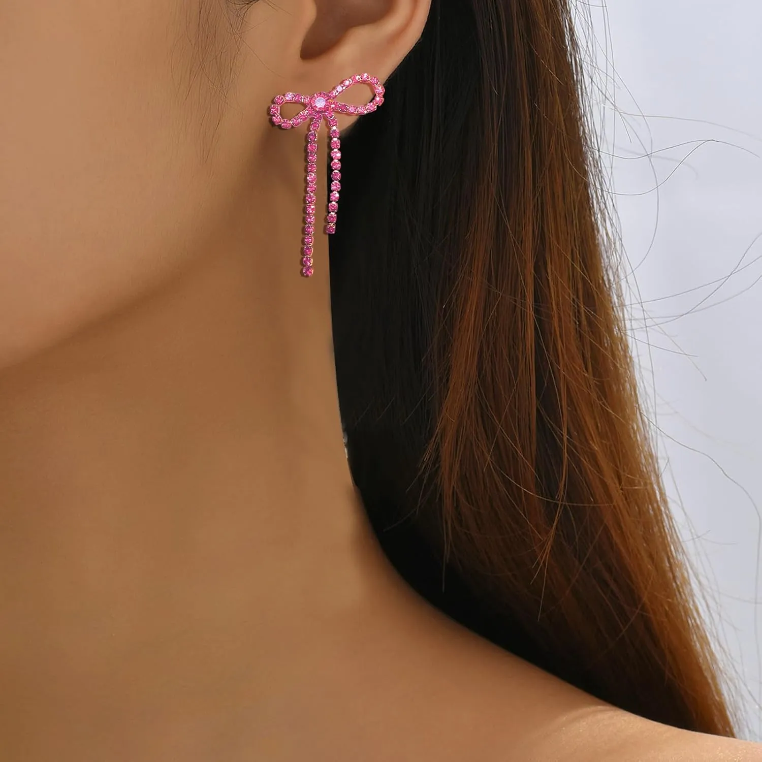 Silver Rhinestone Sparkly Dangle Earrings - Hot Pink, Purple, Blue, Black, Red - Dainty Bow Earrings for Women - Christmas