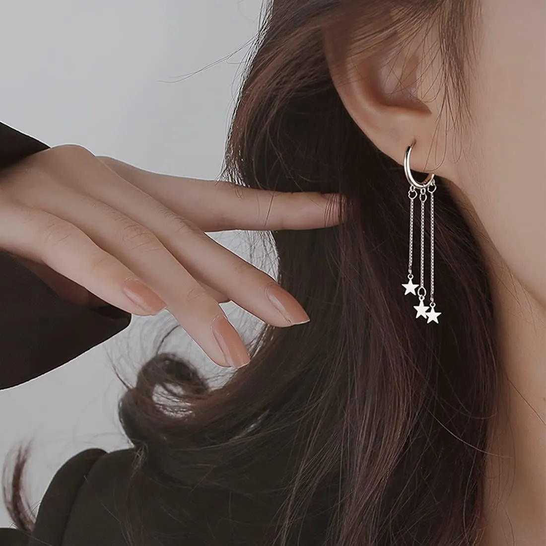 SLUYNZ 925 Sterling Silver Star Hoop Earrings for Women Star Dangle Earrings Hoop Tassel