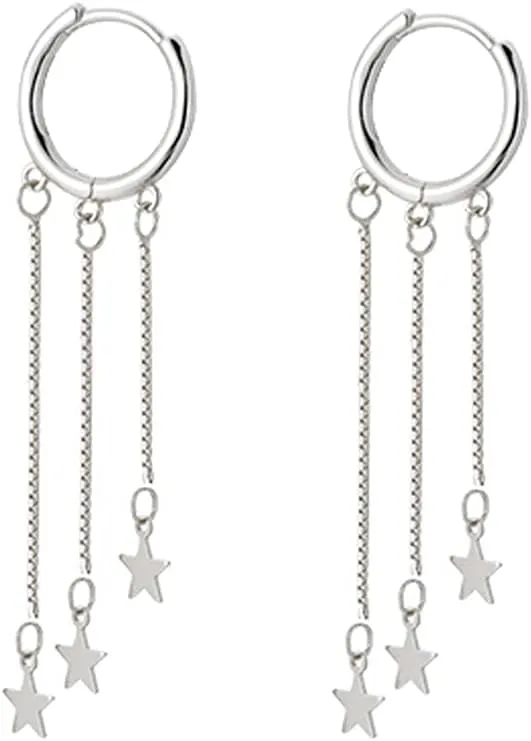 SLUYNZ 925 Sterling Silver Star Hoop Earrings for Women Star Dangle Earrings Hoop Tassel