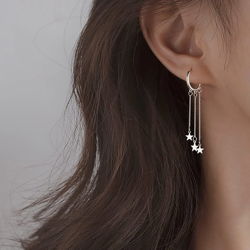 SLUYNZ 925 Sterling Silver Star Hoop Earrings for Women Star Dangle Earrings Hoop Tassel