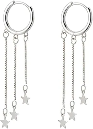 SLUYNZ 925 Sterling Silver Star Hoop Earrings for Women Star Dangle Earrings Hoop Tassel
