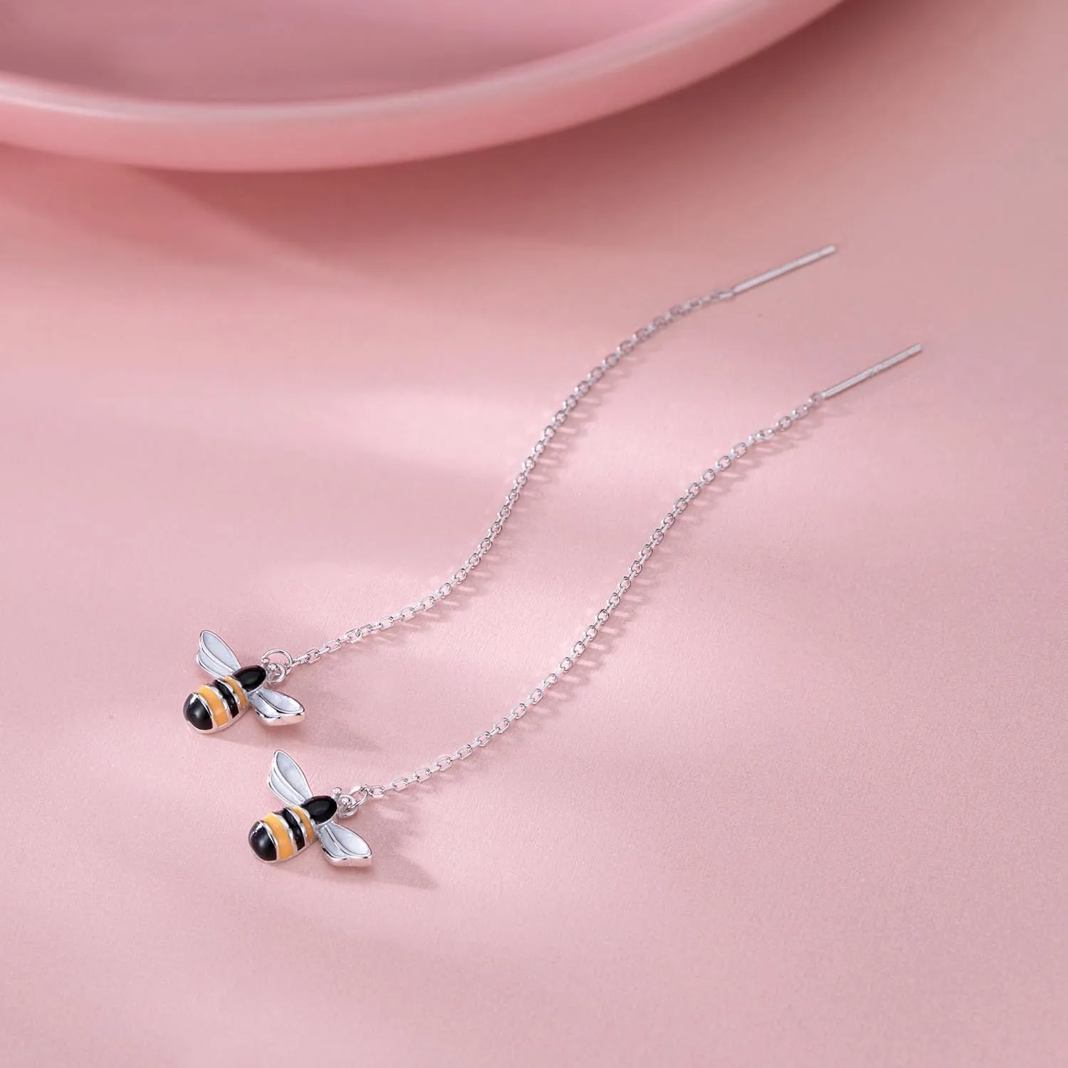 SLUYNZ Solid 925 Sterling Silver Bumble Bee Dangle Earrings for Women Teens Honey Bee Drop Earrings Threader Tassel Chain