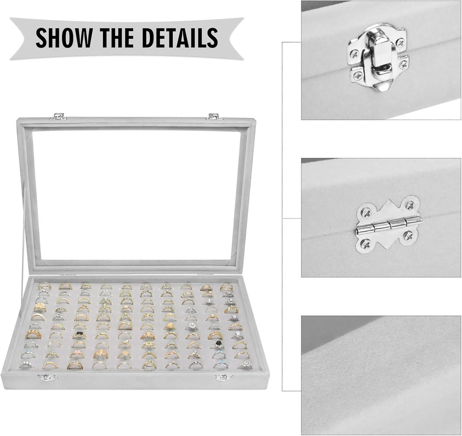 Velvet Ring Display Tray Organizer Box with Transparent Lid, 100 Slot Ring Holder Showcase For Store Display Jewelry Show Home, Ring Organizer For Rings Earrings (Grey)