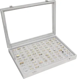 Velvet Ring Display Tray Organizer Box with Transparent Lid, 100 Slot Ring Holder Showcase For Store Display Jewelry Show Home, Ring Organizer For Rings Earrings (Grey)