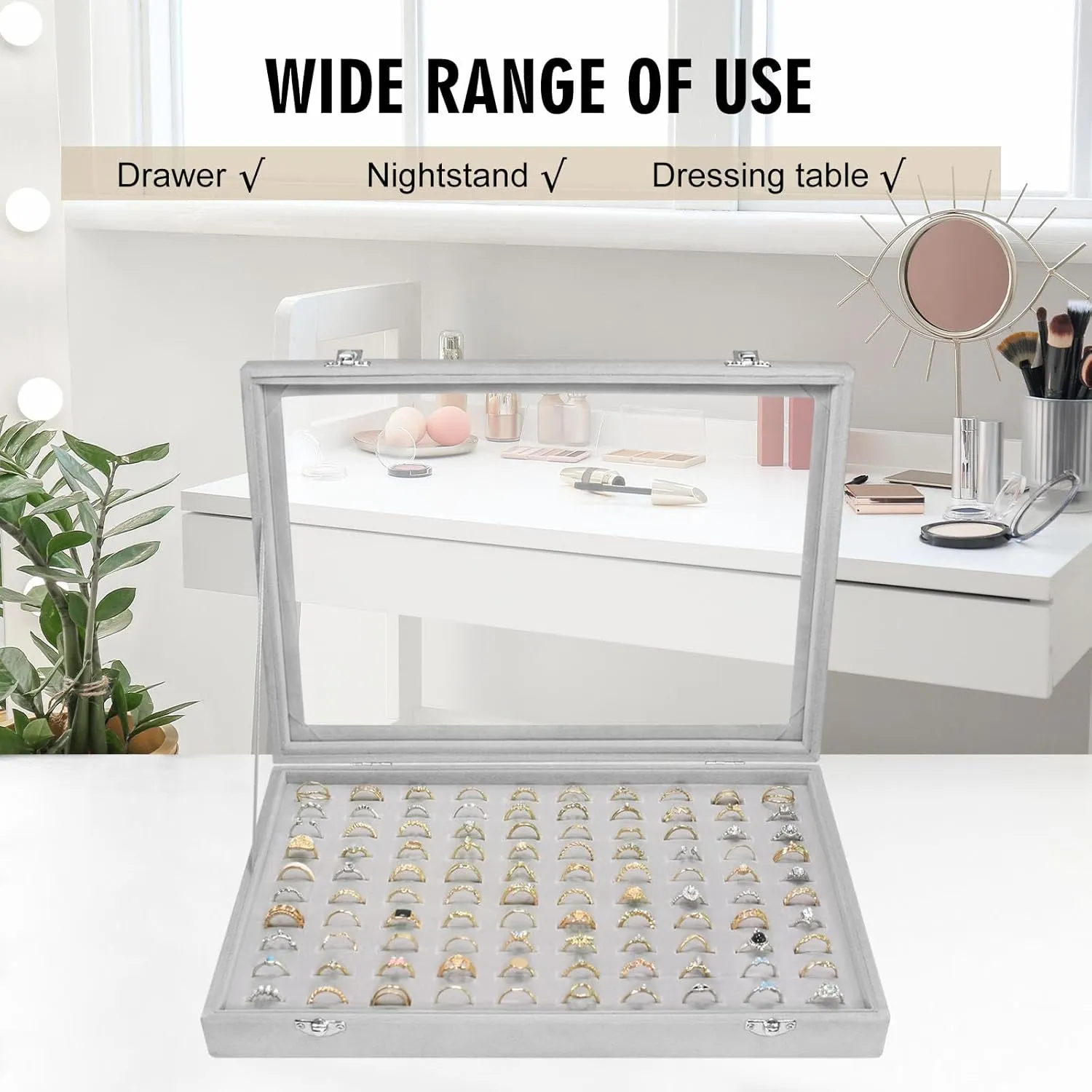 Velvet Ring Display Tray Organizer Box with Transparent Lid, 100 Slot Ring Holder Showcase For Store Display Jewelry Show Home, Ring Organizer For Rings Earrings (Grey)