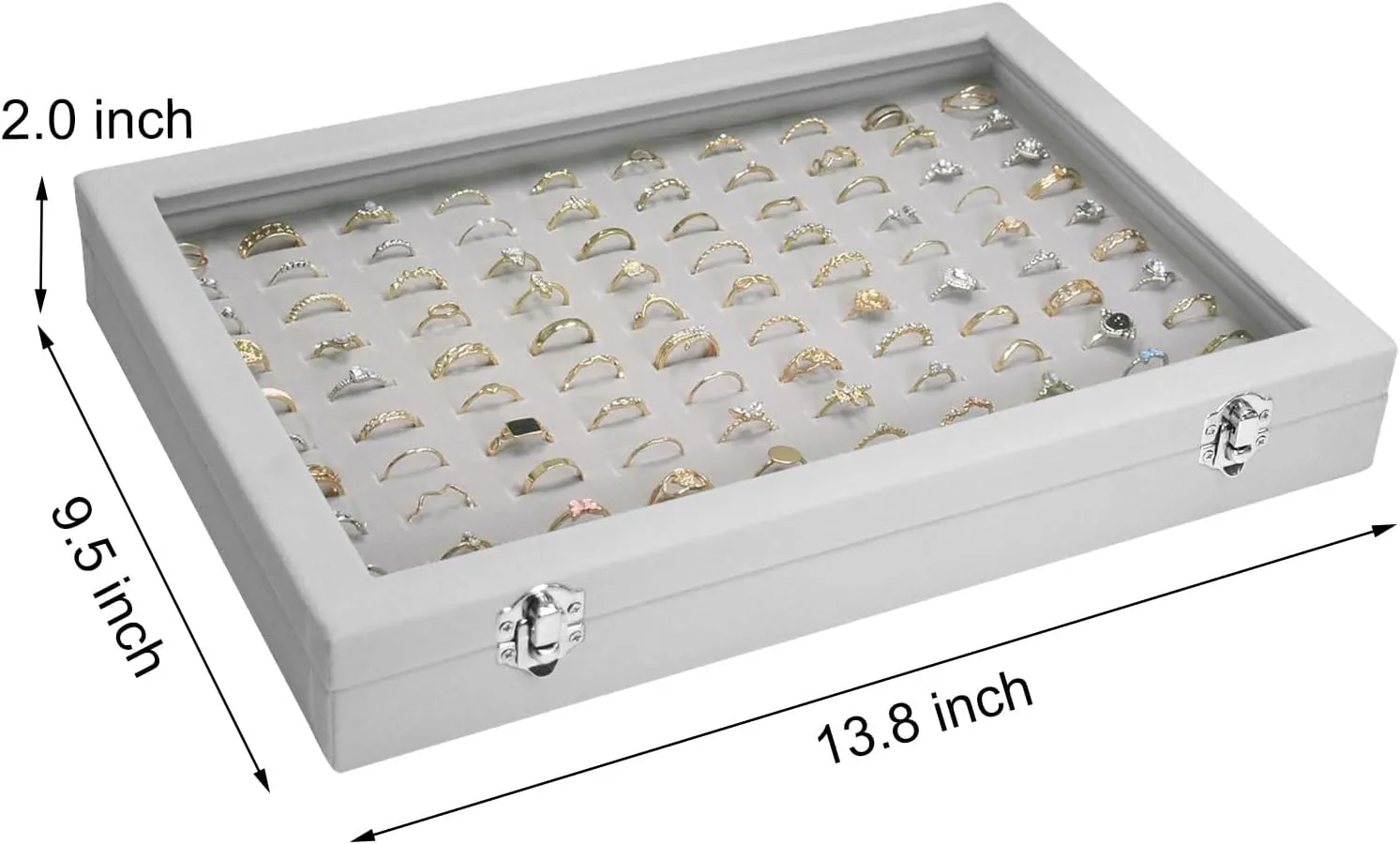 Velvet Ring Display Tray Organizer Box with Transparent Lid, 100 Slot Ring Holder Showcase For Store Display Jewelry Show Home, Ring Organizer For Rings Earrings (Grey)