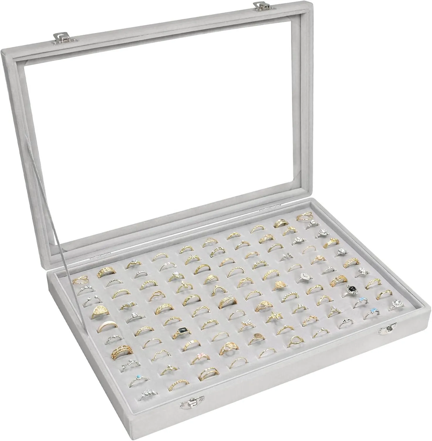 Velvet Ring Display Tray Organizer Box with Transparent Lid, 100 Slot Ring Holder Showcase For Store Display Jewelry Show Home, Ring Organizer For Rings Earrings (Grey)