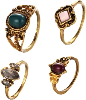 Vintage Style Rings Set 4pc Gemstone Knuckle Rings Elegant Jewelry Collection