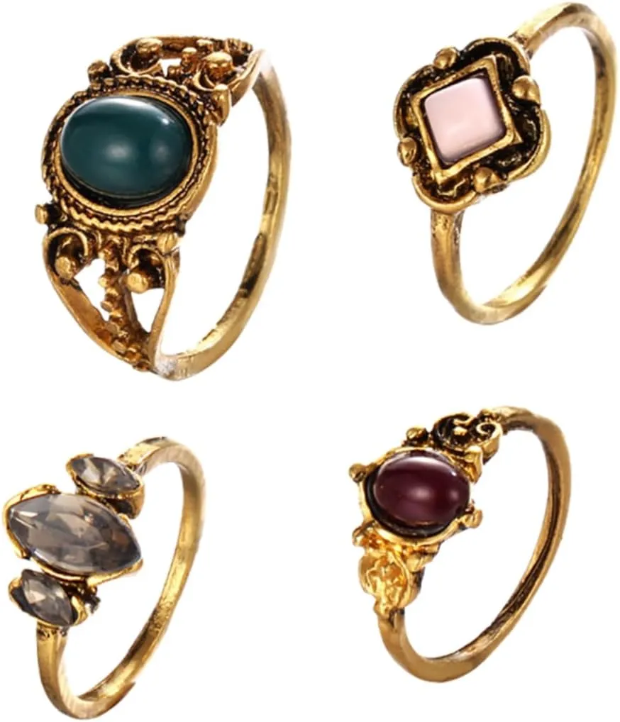 Vintage Style Rings Set 4pc Gemstone Knuckle Rings Elegant Jewelry Collection