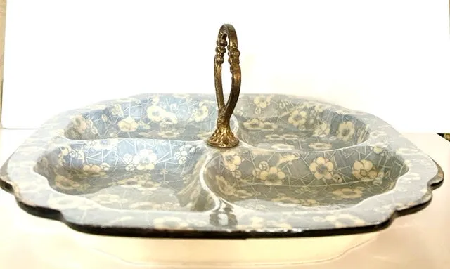 Vtg Chintz 4 Section Hors D'oevres Handled Trefoil Relish Dish Tray Light Blue Transferware