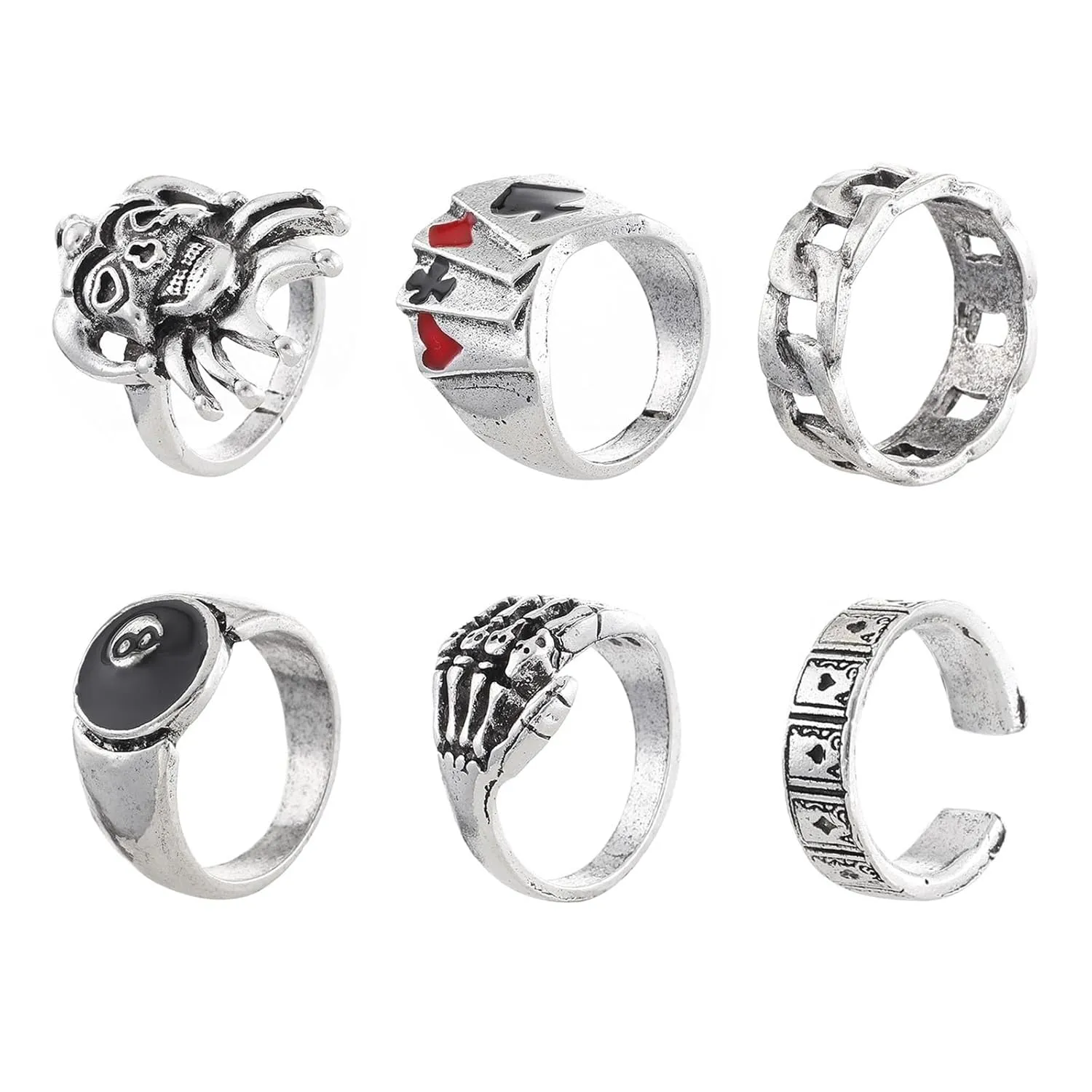 W WEILIRIAN Gothic Skull Hand Rings Skeleton Hand Knuckle Rings Silver Clown Stacking Rings Cool Finger Rings Scary Open Rings Halloween Adjustable Rings Hip Hop Cosplay Rings Set Jewelry for Women an