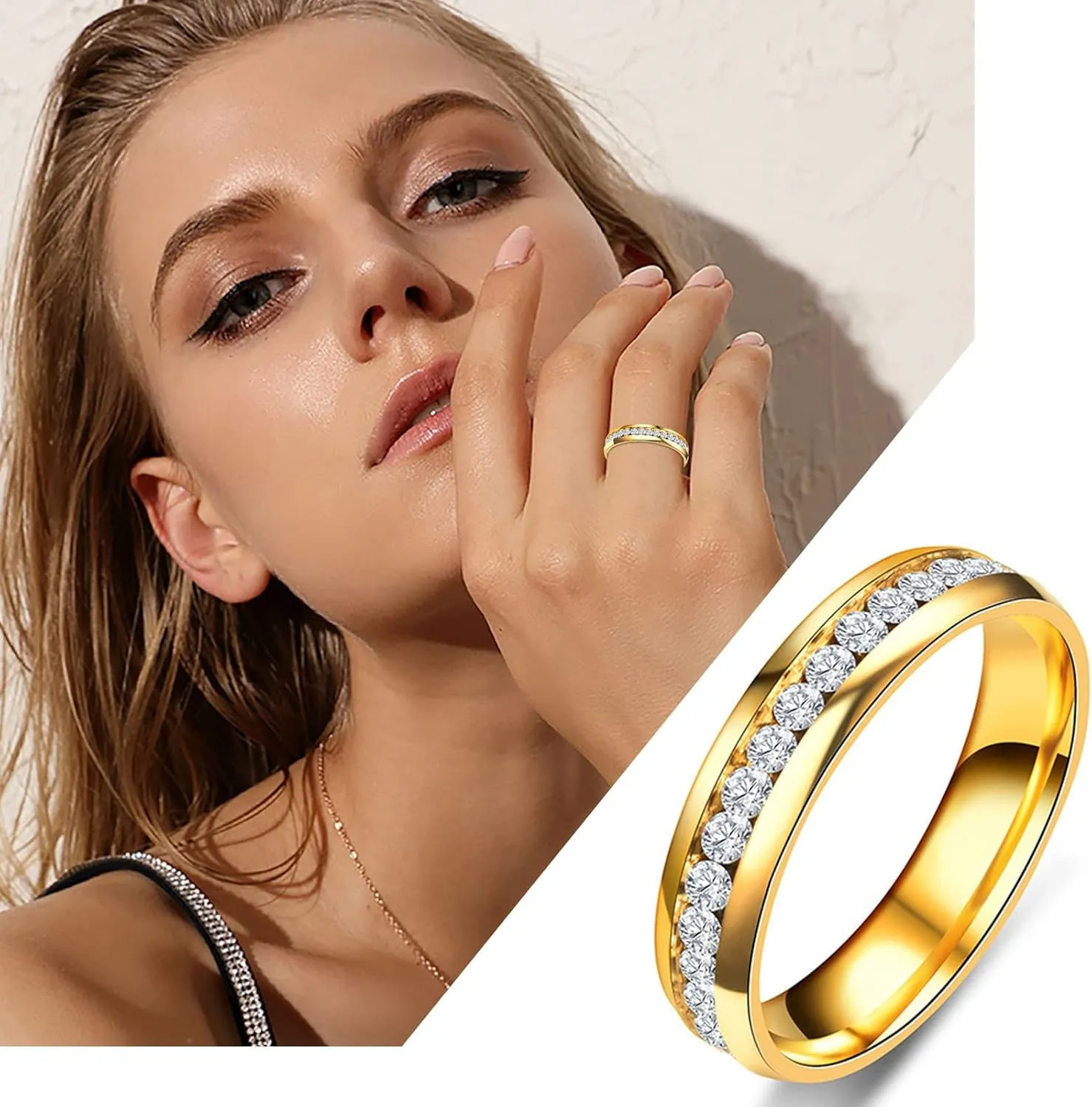 Wedding Band for Women,Gold Plated Solid Sterling Sliver Tiny Cubic Zirconia Inlaid Rings Stackable Eternity Promise Rings