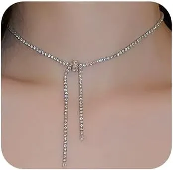 Wiwpar Boho Sparkly Long Full Rhinestone Choker Necklaces Silver Fashion Minimalist Party Prom Wedding Accessories Statement Necklaces for Women