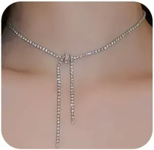 Wiwpar Boho Sparkly Long Full Rhinestone Choker Necklaces Silver Fashion Minimalist Party Prom Wedding Accessories Statement Necklaces for Women